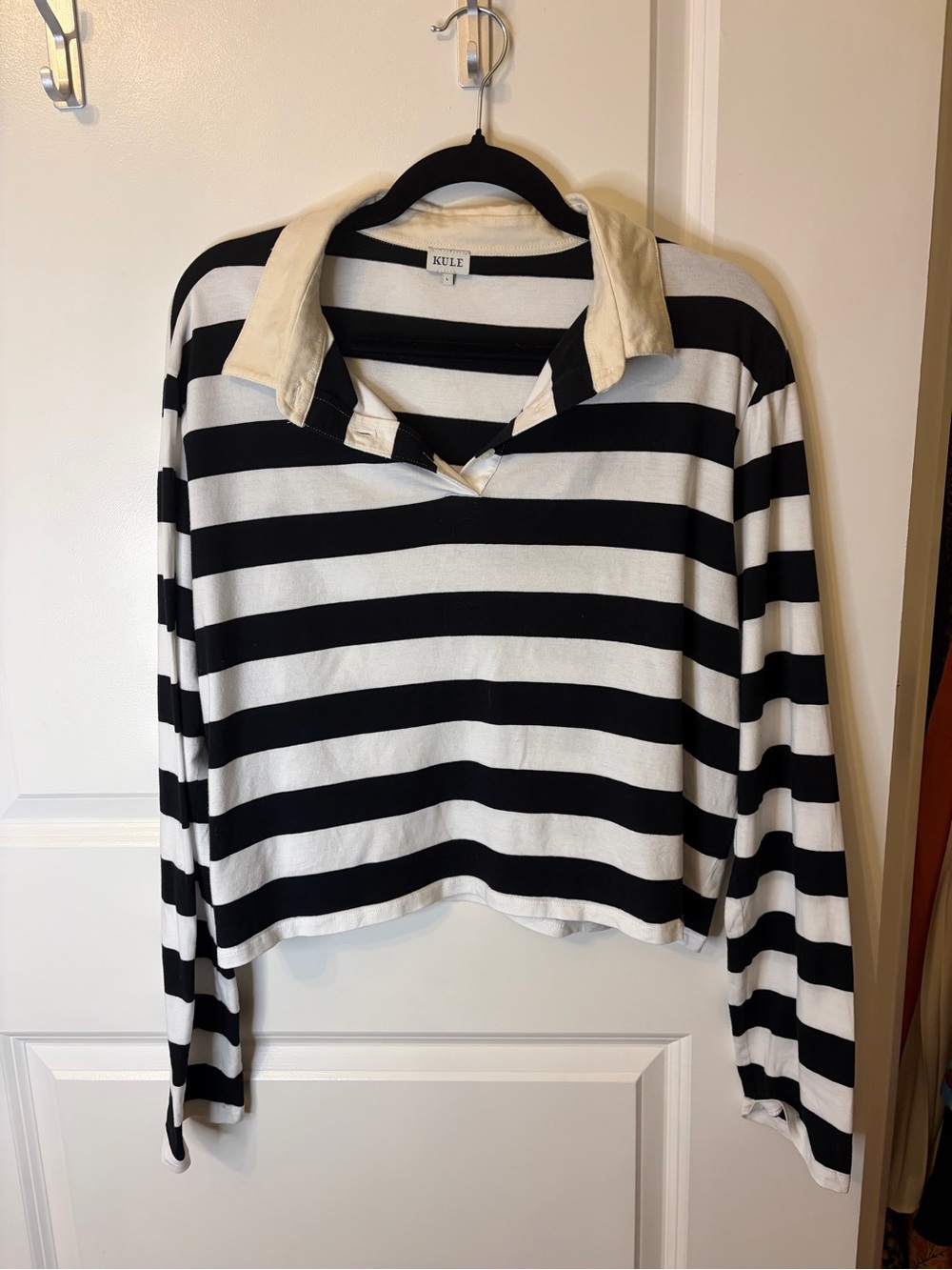 KULE Cropped Rugby Shirt Black & White Stripe Long Sleeve Top Size L